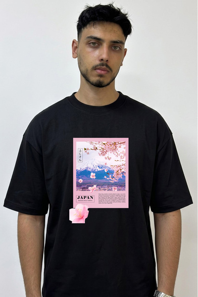 Anetos Fujisan Sakura Design Printed Oversize Black T-Shirt