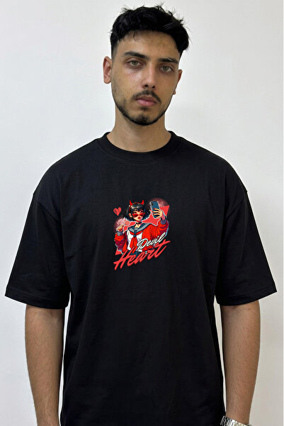 Anetos Anime Devil Girl Design Printed Oversize Black T-Shirt