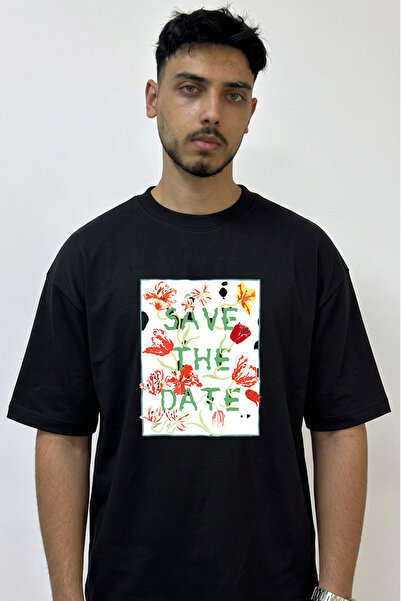 Anetos Save the Date Design Printed Oversize Black T-Shirt