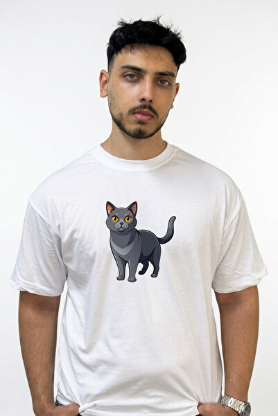 Anetos Grey Cat_1 Design Printed Oversize White T-Shirt