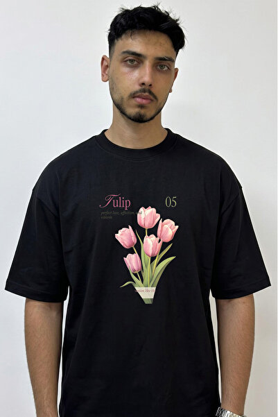 Anetos Tulip_1 Μαύρο μπλουζάκι με στάμπα σχεδίου Oversize