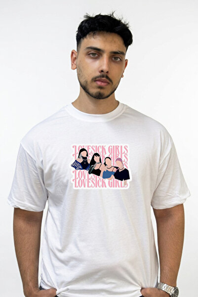 Anetos تي شيرت أبيض كبير الحجم مطبوع بتصميم Blackpink LovesickGirls_1