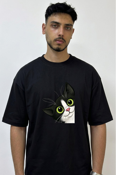 Anetos Cartoon Cat_1 Design Printed Oversize Black T-Shirt