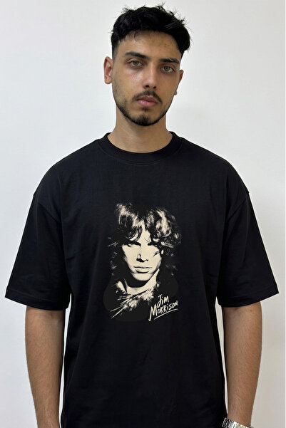 Anetos Jim Morrison Design Printed Oversize Black T-Shirt
