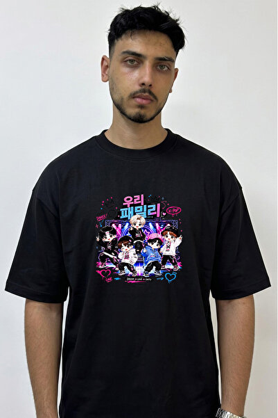 Anetos K Pop Chibi Design Printed Oversize Black T-Shirt