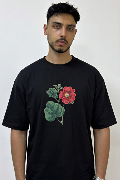 Anetos Μαύρο μπλουζάκι με στάμπα Hollyhock Design σε μεγάλο μέγεθος