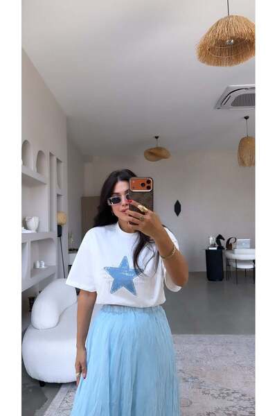 Buket Teke Yıldız Baskılı Taşlı Pamuk Tshirt