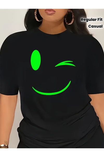 1001moda 1pc Neon Green Featuring a Smiling Face, Round-Neck Black T-Shirt Ma...