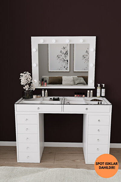 Empressco DF02115B Spot Işıklı 120 Cm Makyaj Masası, 12 Çekmeceli, Bölmeli, A...