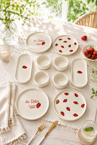 Papart Home Rubby Berry 10 Parça 4 Kişilik Handmade Çilek Desenli Stackable S...