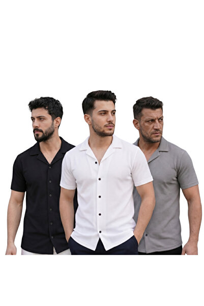 Barinoska Men's Waffle Fabric Shirts Set of 3 Black White Gray Summer Short S...