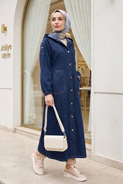 Modamorfo Buttoned Front Hooded Denim Cap with Epaulet Detail and Pockets - D...