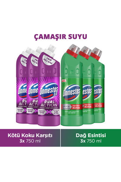 Domestos Dual Action Kötü Koku Karşıtı 750 ml x3 Çamaşır Suyu Dağ Esintisi 75...