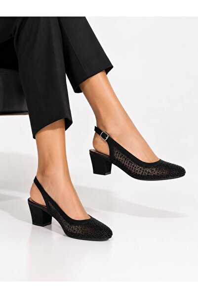 YADE MODA Women's Black Thick Heel Stones Evening Dress Shoes