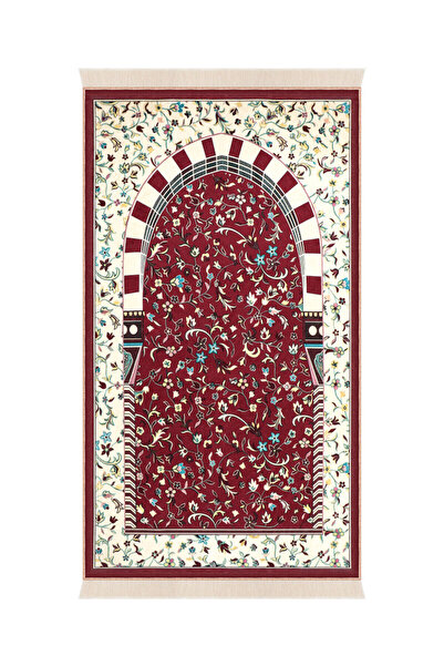 Bursa İpek Burgundy Ravza Pattern Velvet Carpet Prayer Rug