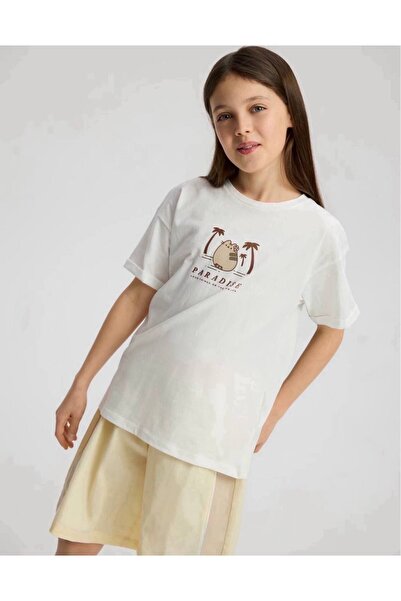 Butik KIZ ÇOCUK TİŞÖRT PUSHEEN - OVERSİZE PAMUKLU BASKILI COTTON