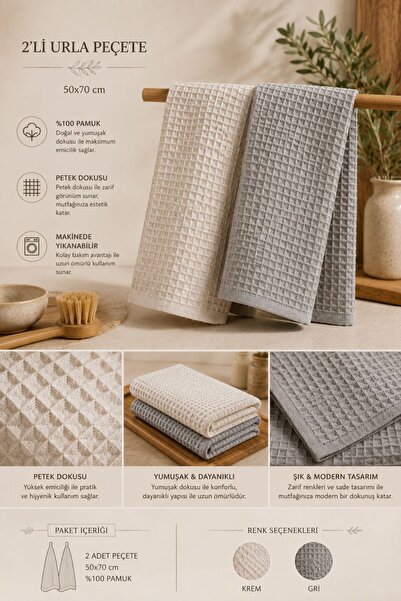 HAZARPAZAR Mutfak Kurulama Bezi 2'li Set 50 x 70 cm Waffle Desen (ASORTİLİ) ,...