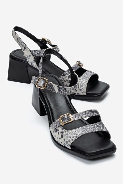 LuviShoes صندل نسائي من الجلد الطبيعي منقوش باللون الأسود بكعب سميك من YOLEN