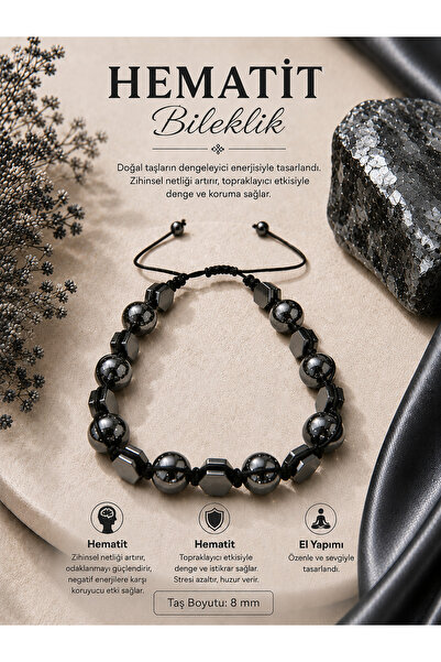 OSMANLI DOĞAL TAŞ Sertifikalı Hematit Bileklik ( 8 MM Makrome Kapama )