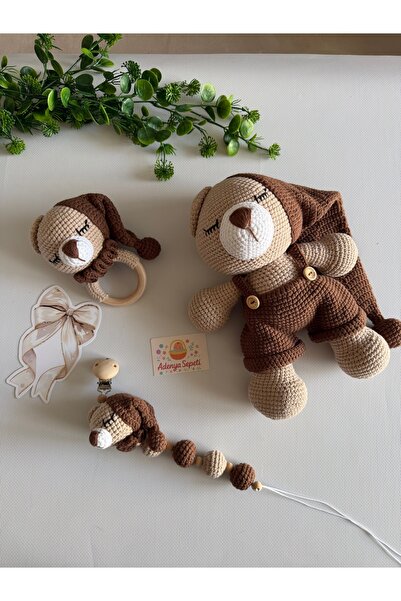 Amigurumi Örgü Masal Ayıcık Üçlü Set-Kahverengi