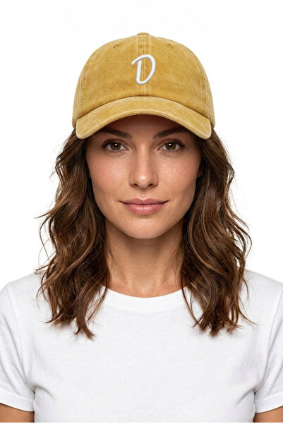 ŞapkaMania Yellow Embroidered Washable Vintage Unisex Hat with Letter D