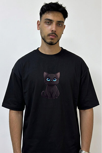Anetos Anime Cat Design Printed Oversize Black T-Shirt
