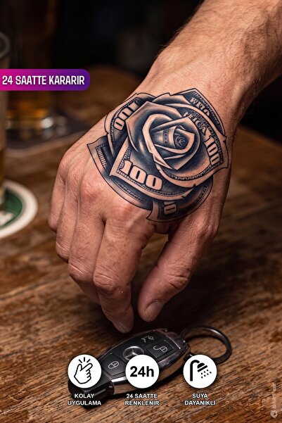BP Tattoo 24 Saatte Kararan El Dövmesi Gül ve Para Figürlü Geçici Dövme