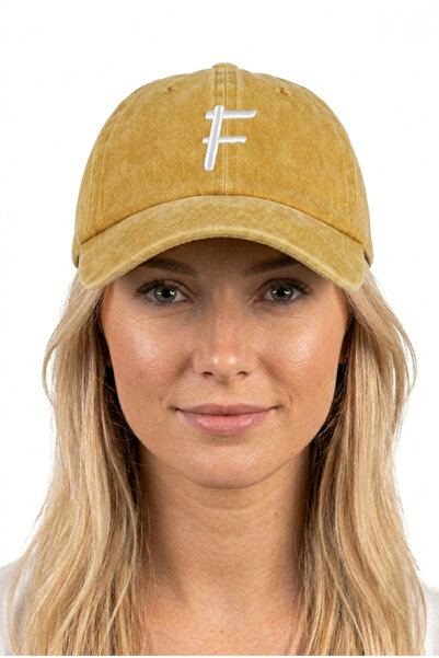 ŞapkaMania Yellow Embroidered Washable Vintage Unisex Hat with Letter F