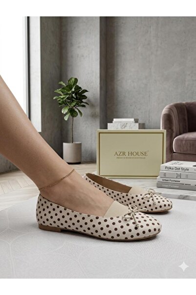 AZR Women's Polka Dot Bow and Rubber Detailed Casual Comfortable Ballerinas