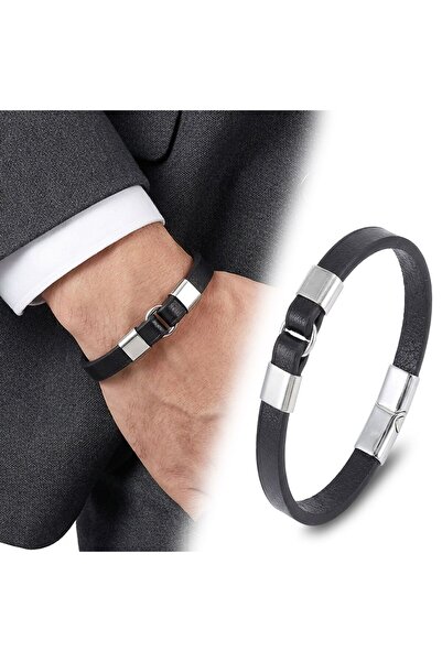 OGHAMAY Men's White Steel and Leather Bracelet 18394B4D1
