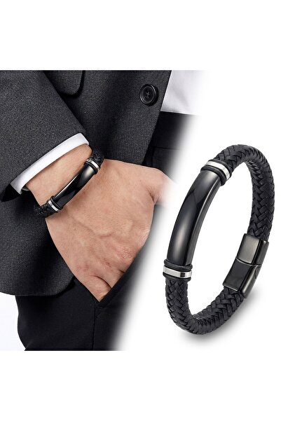 OGHAMAY Name Engravable Black Leather and Black Titanium Lock Bracelet 18393B...