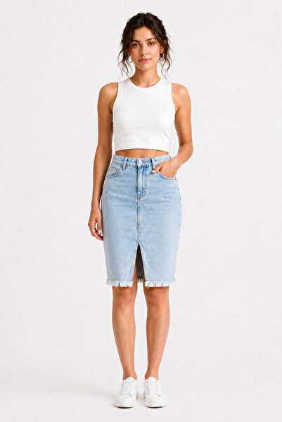 WODDİ Women's Snow Washed Front Slit Tassel Detailed Denim Skirt