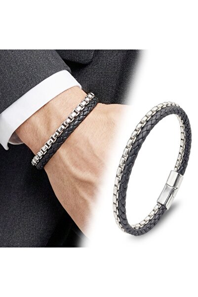 OGHAMAY Double Leather and Steel Chain Bracelet 18394B16D1