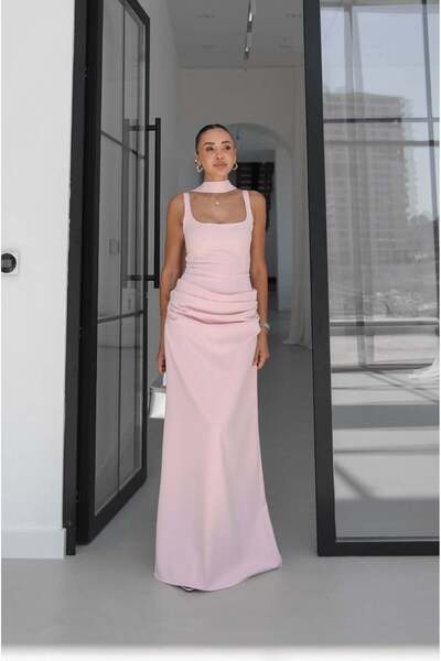 Havoş Pink Piran Long Dress with Scarf and Buttoned Back