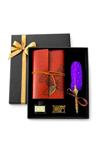 velve Set Vintage Spark, cu agenda-jurnal maro, stilou cu pana mov, suport si...