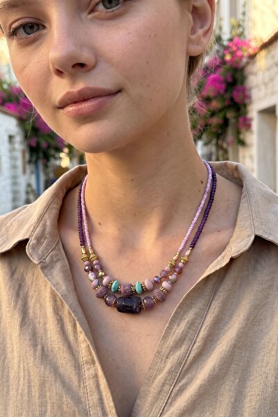 bacc Lilac Ethnic Patterned Double Row Beads and Stone Handmade Bohemian Neck...