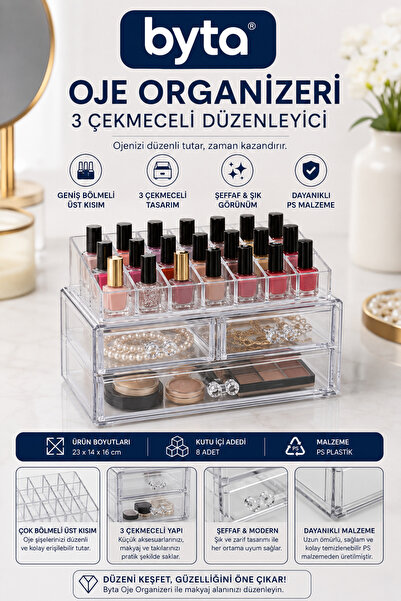 BYTA Transparent 3-Drawer Nail Polish Organizer – Multi-Compartment Organizer...