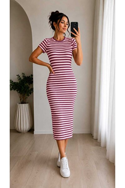 Umay moda 59 Kadın Esnek Çizgili Elbise -Yuvarlak Yaka -Midi Boy