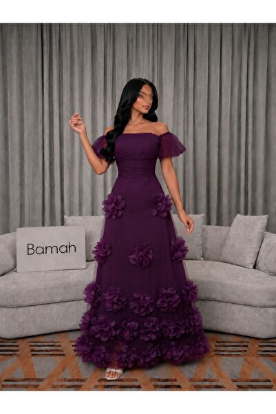 Bamah Purple Evening Dress with 3D Rose Luxurious