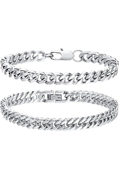 Arabest 2-Piece Cuban Link Bracelet Set,Stainless Steel,with 2 Rings,Folding ...