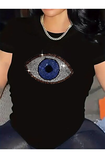 17TAKI Short Sleeve T-Shirt with Rhinestone Evil Eye Design, Fabric, Lightwei...