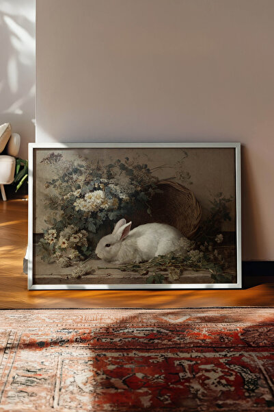 Zestia Vintage Horizontal Wall Art, White Rabbit Flower Basket, White Framed ...