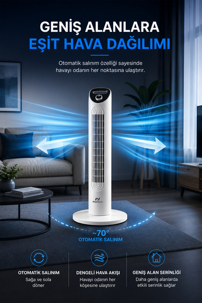 PiranTech EV-30 Kule Tipi Vantilatör | Sessiz Çalışma | Şık ve Modern Tasarım | Ev ve Ofis Kullanımı