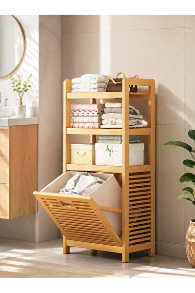Bayt Aura Bamboo Laundry Hamper Storage Cabinet 3 Tier Open Shelves Pull Out ...
