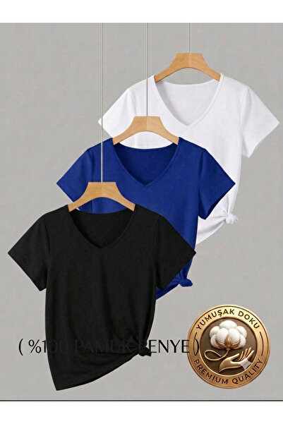 FAVORİST 3 Pieces V-Neck Regular Fit Women's T-Shirt (100% Cotton)
