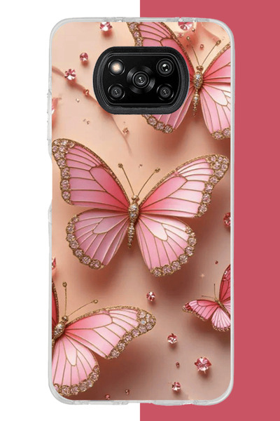 Aksesuarist Poco X3-X3 PRO-NFC Uyumlu pembe taşlı kelebek UV Baskılı Silikon ...