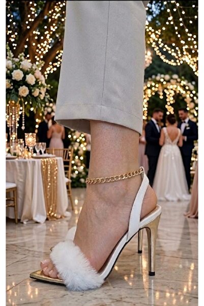 Afilli Kadın Beyaz Sarı Gold Tüylü Tek Bant Seksi Sexy Bride Düğün Abiye İnce...