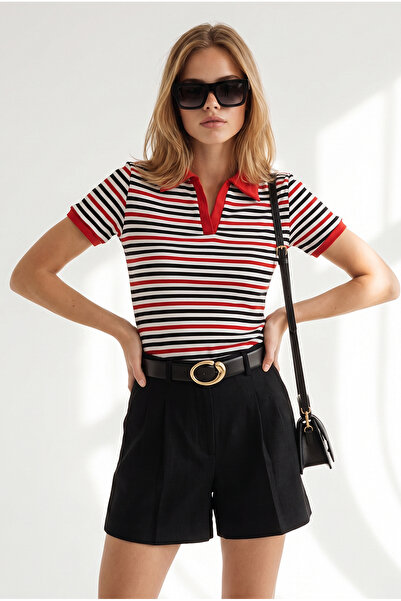 Olalook Women's Striped Red Black Polo Collar Color Detailed Stretch Cotton B...