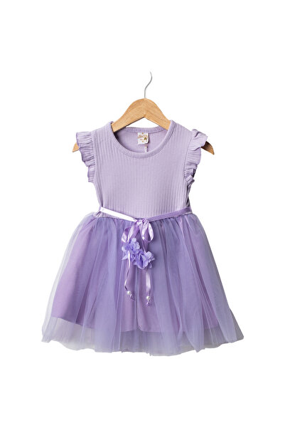 LENDASHOP Girl's Cotton Fabric Tulle Dress with Ruffle Sleeves, Ages 2-5