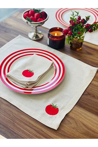 HOME OF BLOSSOM 6 Pieces Tomato Embroidery Natural Linen American Service